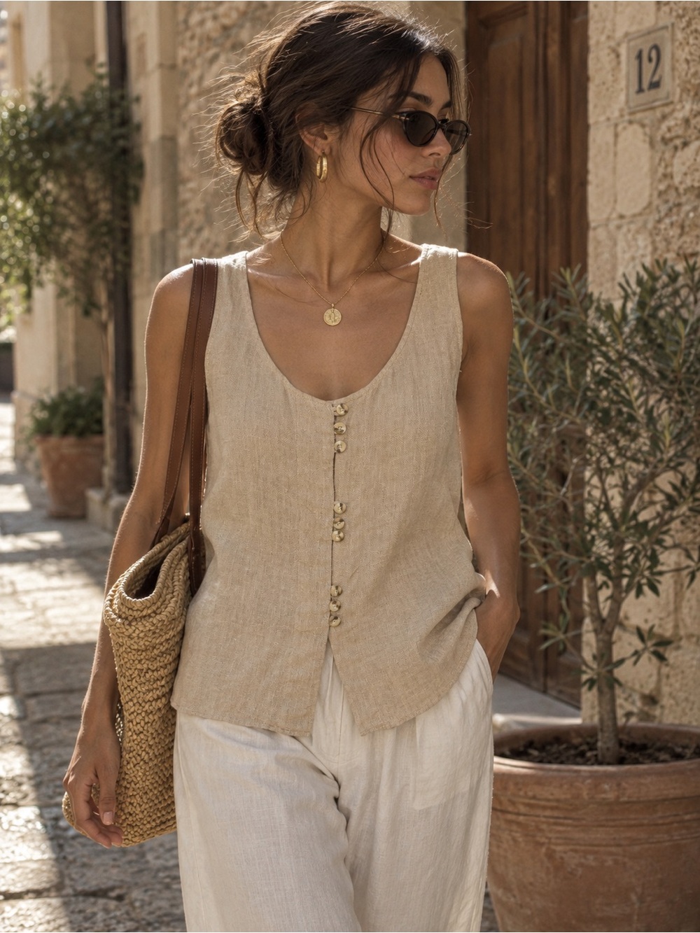 Vintage 90s Express 100% Slub Linen Tank Top Beige Textured Button Front Large